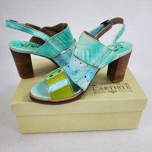 Lartiste Spring Step Brisk Fab Heels Blue Green Leather Women's Size 9.5 - 10